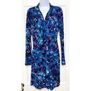 Calvin Klein Watercolor Vibrant Blue Long Sleeve Collared Buckle Wrap Dress 6